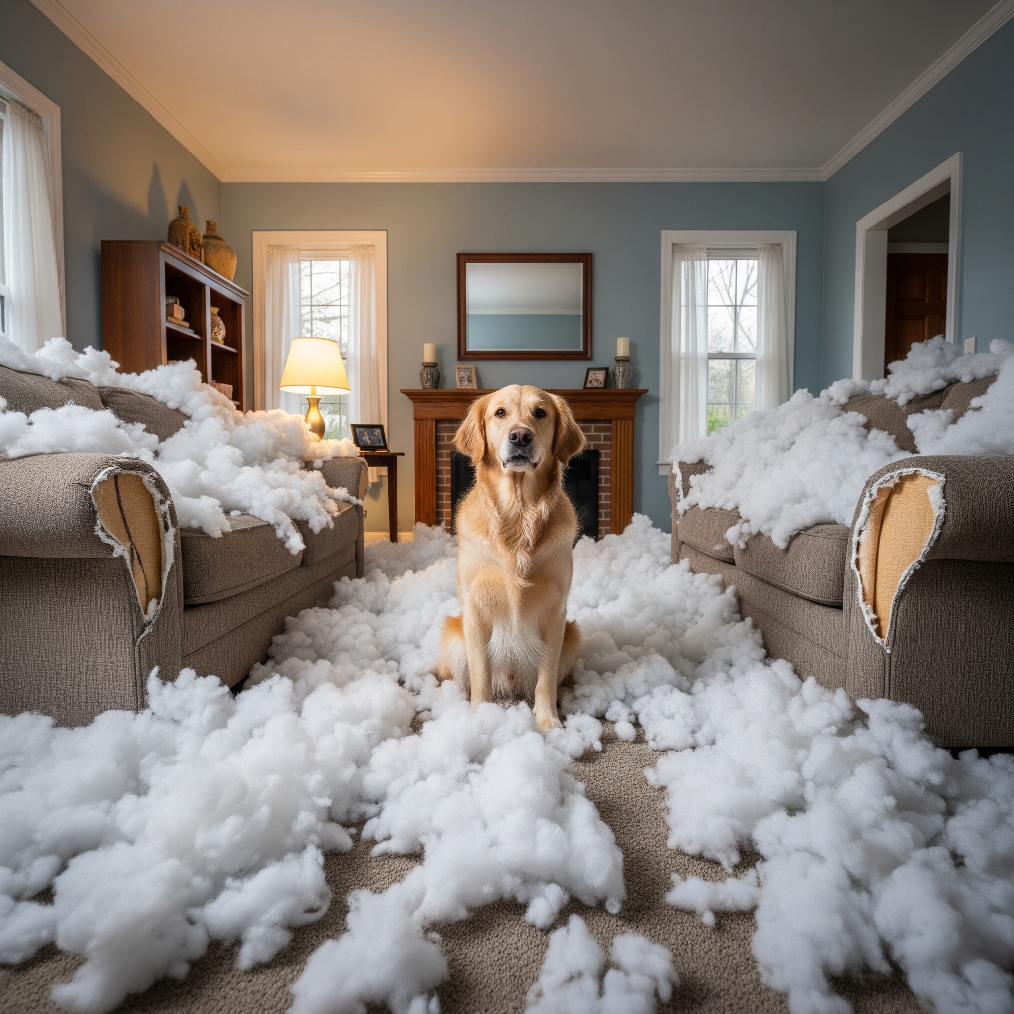 Dog standing in a wrecked living room after destroying furniture